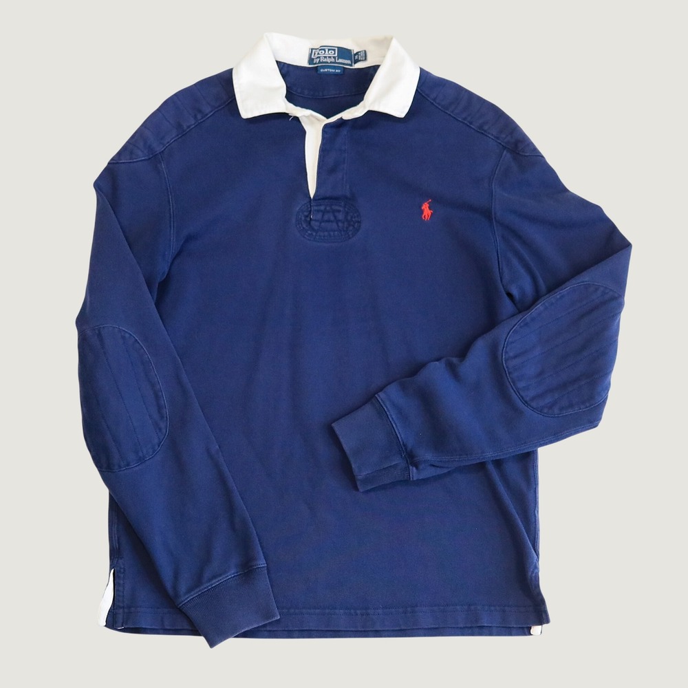 Polo Ralph Lauren Rugby Shirt Mens Medium Navy Blue Elbow Patch Custom Fit Polo